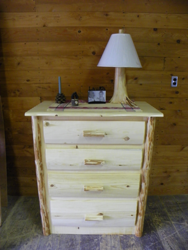 Custom rustic log dresser with log trim and log lamp by Adirondack LogWorks