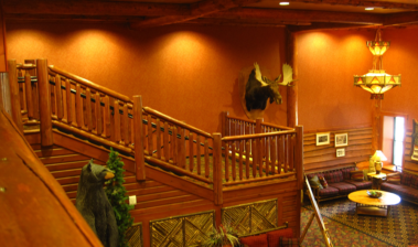 Custom rustic log railings at Great Escape Lodge and Indoor Water Park by Adirondack LogWorks