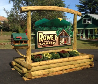 Custom log rustic sign and mailbox support twig woodwork for Rowe's Cabins of Schroon Lake by Adirondack LogWorks